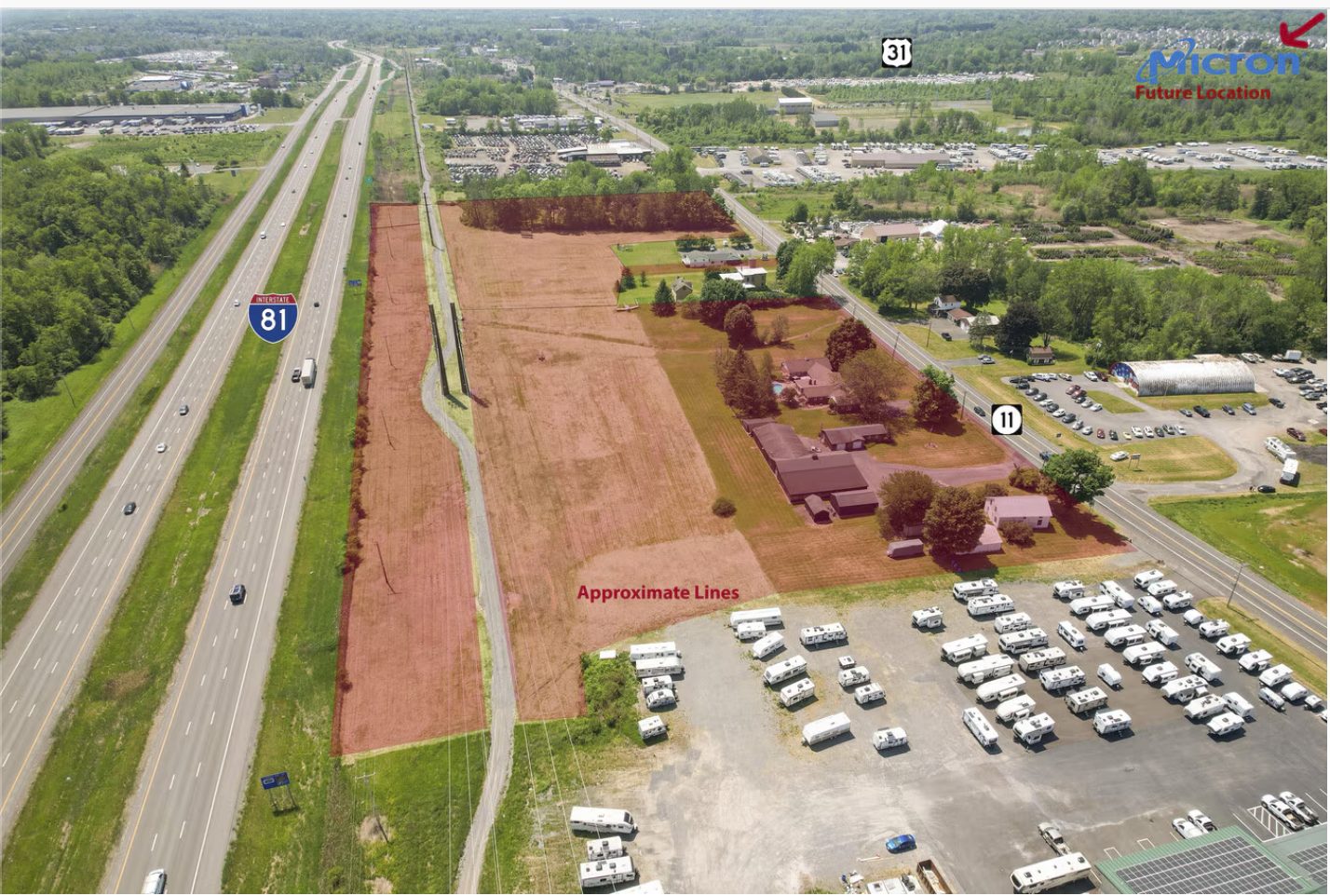 Annotated aerial showing approximate parcel boundaries along I-81, with Routes 11 and 31 and the direction of the planned Micron site